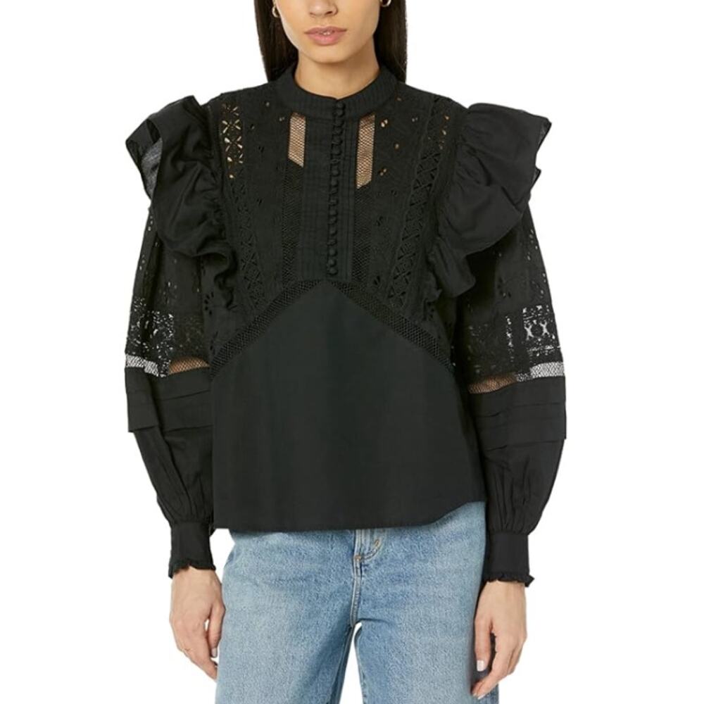 All Saints Black Lace Ruffle Long-Sleeve Blouse